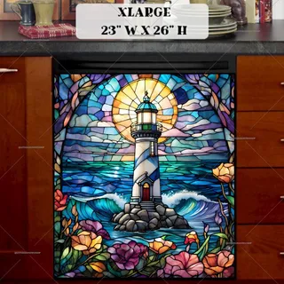 Preview of Stained Glass Lighthouse and Flowers magnet in Extra Large size.