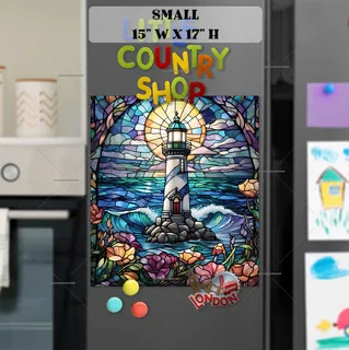 Preview of Stained Glass Lighthouse and Flowers magnet in Small size.