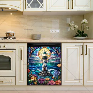 Preview of Stained Glass Lighthouse and Flowers magnet.