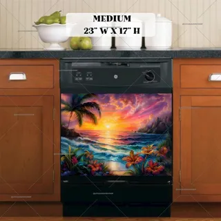 Preview of Sunset Beach and Hibiscus Flowers magnet in Medium size.