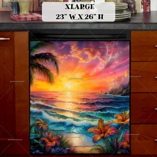 Preview of Sunset Beach and Hibiscus Flowers magnet in Extra Large size.