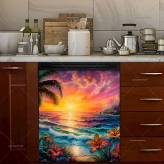 Preview of Sunset Beach and Hibiscus Flowers magnet.