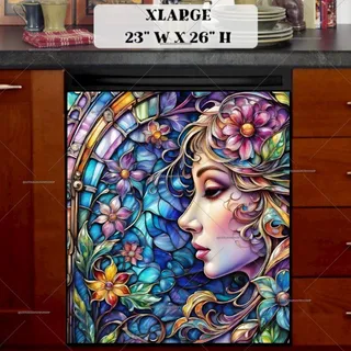 Preview of Stained Glass Girl and Flowers magnet in Extra Large size.