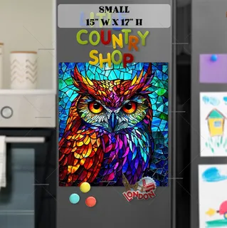 Preview of Colorful Stained Glass Owl magnet in Small size.