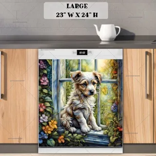 Preview of Farmhouse Puppy in the Window magnet in Large size.