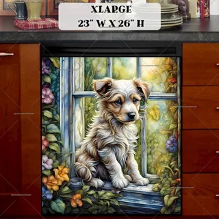 Preview of Farmhouse Puppy in the Window magnet in Extra Large size.