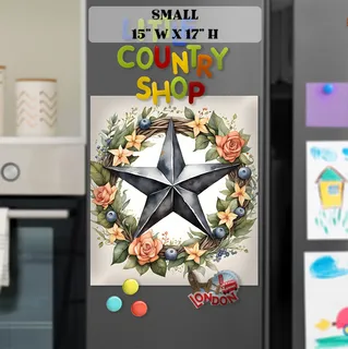 Preview of Grey Country Prim Barn Star and Wreath magnet in Small size.