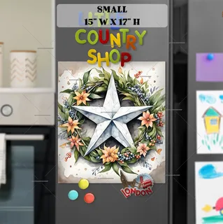 Preview of White Country Prim Barn Star and Wreath magnet in Small size.