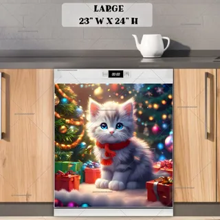 Preview of Cute Christmas Kitten with Gifts magnet in Large size.