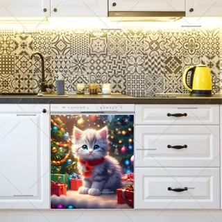 Preview of Cute Christmas Kitten with Gifts magnet.