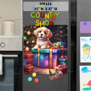 Preview of Cute Christmas Puppy with Gifts magnet in Small size.