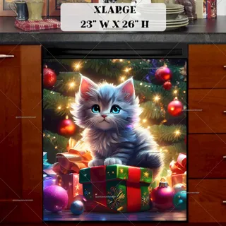 Preview of Cute Kitten Under the Christmas Tree magnet in Extra Large size.