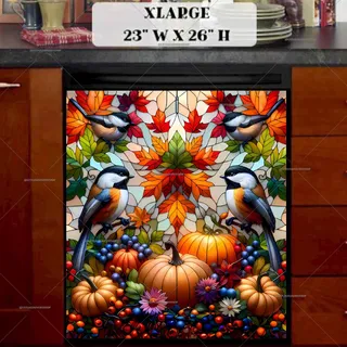 Preview of Stained Glass Autumn Chickadees and Pumpkins magnet in Extra Large size.