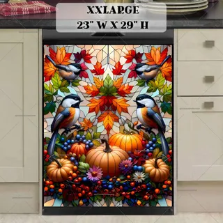 Preview of Stained Glass Autumn Chickadees and Pumpkins magnet in XX Large size.