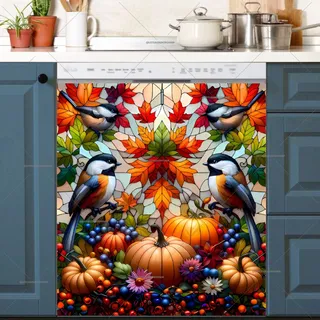 Preview of Stained Glass Autumn Chickadees and Pumpkins magnet.