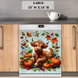 Preview of Stained Glass Autumn Highland Baby Cow magnet in Large size.