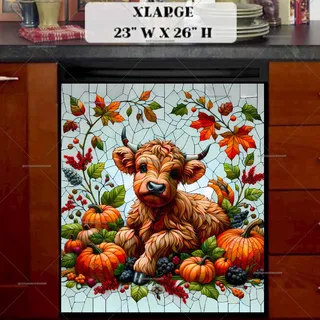 Preview of Stained Glass Autumn Highland Baby Cow magnet in Extra Large size.