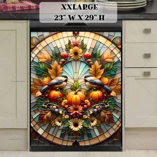 Preview of Stained Glass Autumn Chickadees with Pumpkins magnet in XX Large size.