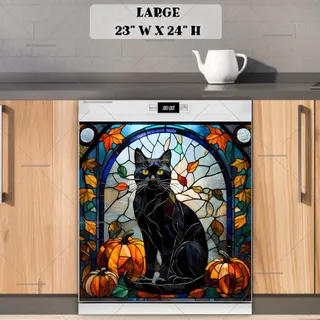 Preview of Stained Glass Autumn Black Cat magnet in Large size.