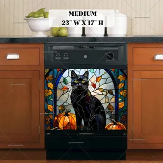 Preview of Stained Glass Autumn Black Cat magnet in Medium size.