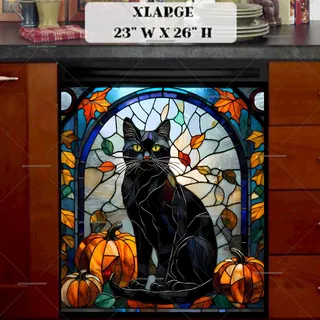 Preview of Stained Glass Autumn Black Cat magnet in Extra Large size.