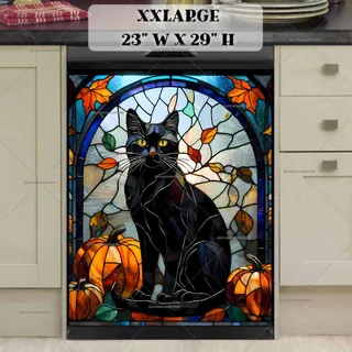 Preview of Stained Glass Autumn Black Cat magnet in XX Large size.