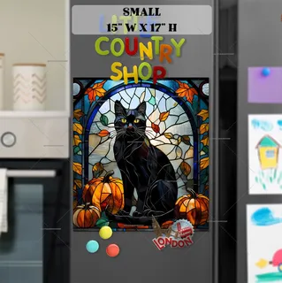 Preview of Stained Glass Autumn Black Cat magnet in Small size.