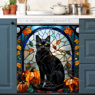 Preview of Stained Glass Autumn Black Cat magnet.