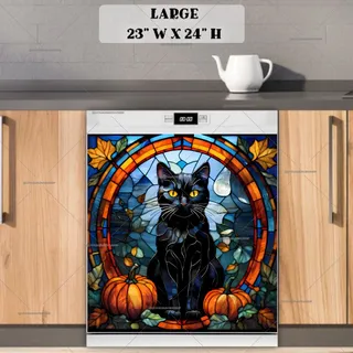 Preview of Stained Glass Autumn Cat and Pumpkins magnet in Large size.