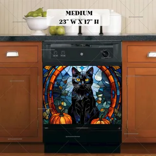 Preview of Stained Glass Autumn Cat and Pumpkins magnet in Medium size.