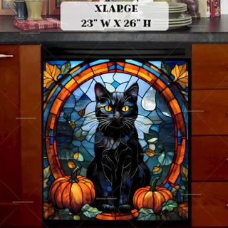 Preview of Stained Glass Autumn Cat and Pumpkins magnet in Extra Large size.