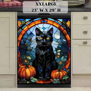 Preview of Stained Glass Autumn Cat and Pumpkins magnet in XX Large size.