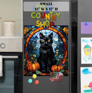 Preview of Stained Glass Autumn Cat and Pumpkins magnet in Small size.