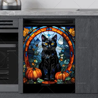 Preview of Stained Glass Autumn Cat and Pumpkins magnet.