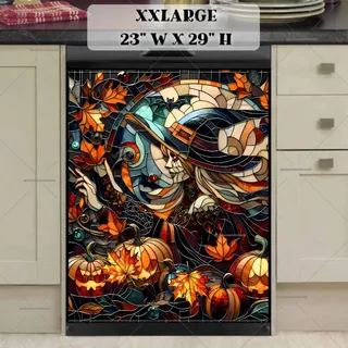 Preview of Stained Glass Halloween Witch and Pumpkins magnet in XX Large size.