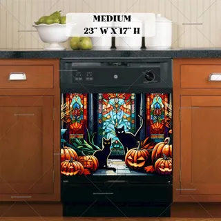 Preview of Stained Glass Halloween Black Cats magnet in Medium size.