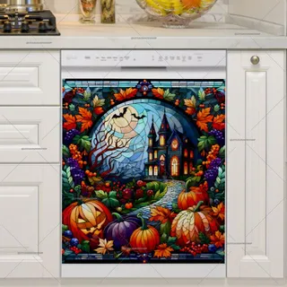 Preview of Stained Glass Halloween Haunted House magnet.