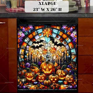 Preview of Stained Glass Halloween Pumpkin and Bats magnet in Extra Large size.