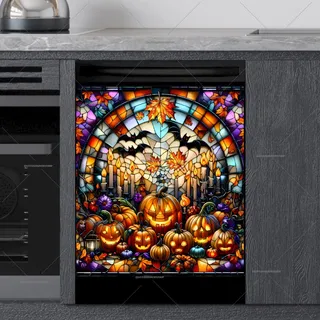 Preview of Stained Glass Halloween Pumpkin and Bats magnet.