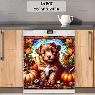 Preview of Stained Glass Autumn Puppy magnet in Large size.