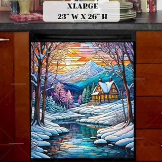 Preview of Stained Glass Winter Cottage magnet in Extra Large size.