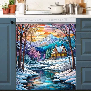 Preview of Stained Glass Winter Cottage magnet.