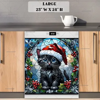 Preview of Stained Glass Black Christmas Kitten magnet in Large size.