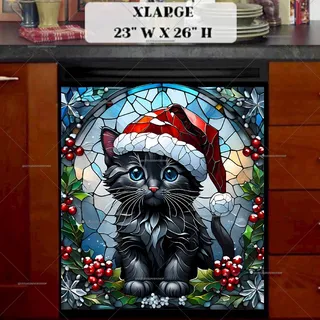 Preview of Stained Glass Black Christmas Kitten magnet in Extra Large size.