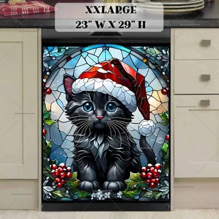 Preview of Stained Glass Black Christmas Kitten magnet in XX Large size.