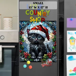 Preview of Stained Glass Black Christmas Kitten magnet in Small size.