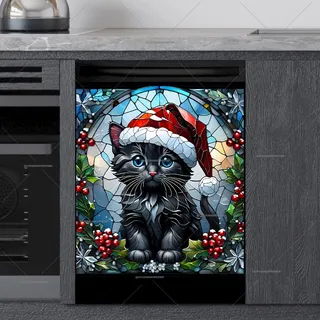 Preview of Stained Glass Black Christmas Kitten magnet.