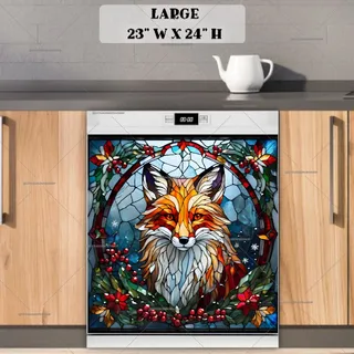 Preview of Stained Glass Christmas Fox and Flowers magnet in Large size.