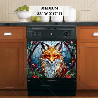 Preview of Stained Glass Christmas Fox and Flowers magnet in Medium size.