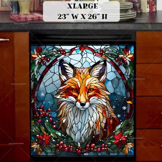 Preview of Stained Glass Christmas Fox and Flowers magnet in Extra Large size.